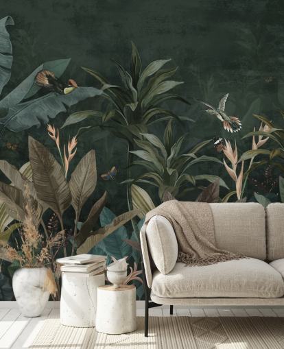 Mural de papel pintado de selva frondosa oscura