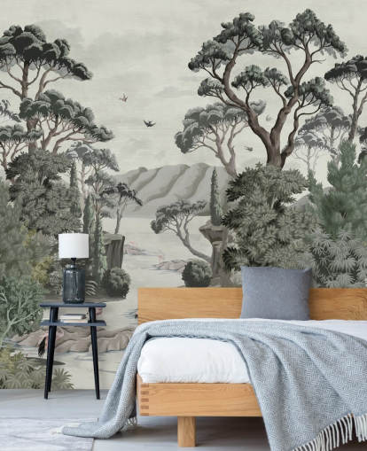 Poster mural The Passage - Arbres illustratifs, rivière et hérons