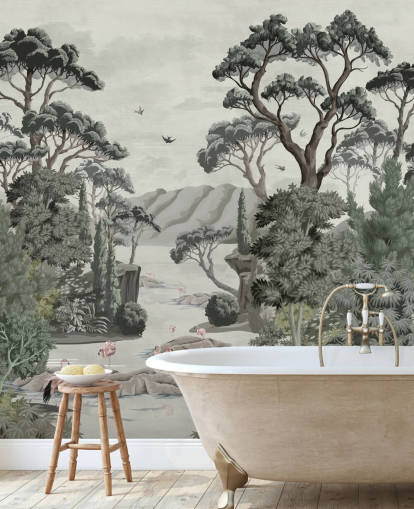 The Passage - Mural ilustrativo de árboles, ríos y garzas