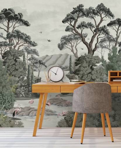 The Passage - Illustratives Wandbild mit Bäumen, Flüssen und Reihern