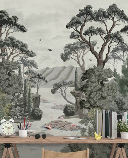 The Passage - Mural ilustrativo de árboles, ríos y garzas