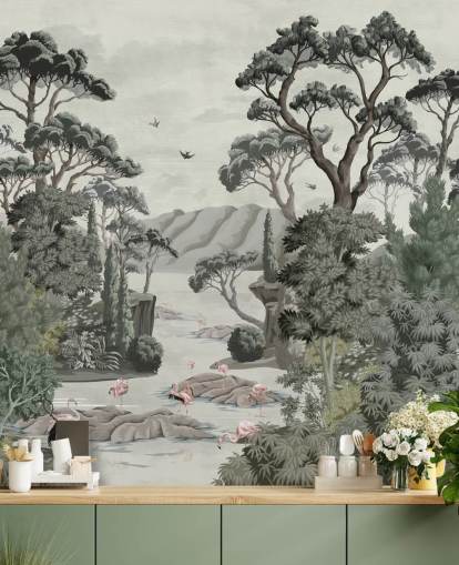 Fotobehang The Passage - Illustratieve bomen, rivieren en reigers