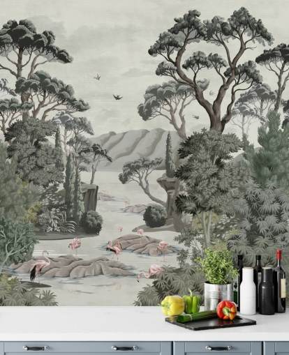 The Passage - Mural ilustrativo de árboles, ríos y garzas