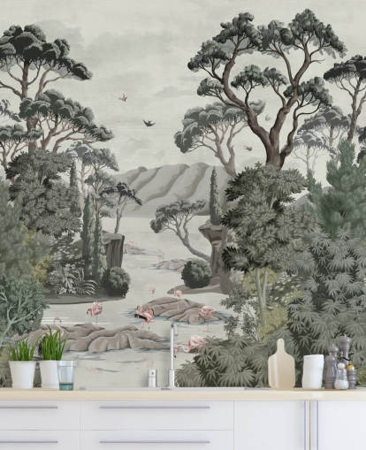 Fotobehang The Passage - Illustratieve bomen, rivieren en reigers Fotobehang The Passage - Illustratieve bomen, rivieren en reigers