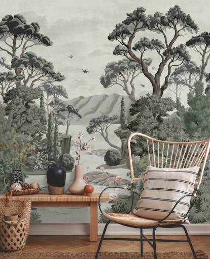 Fotobehang The Passage - Illustratieve bomen, rivieren en reigers