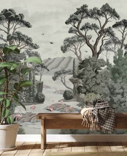 The Passage - Mural ilustrativo de árboles, ríos y garzas