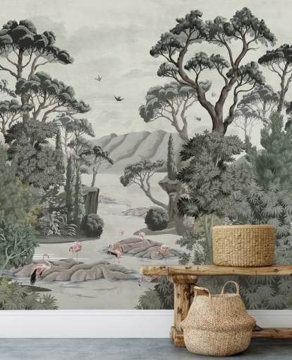 The Passage - Illustrative vægmaleri af træer, flod og hejre