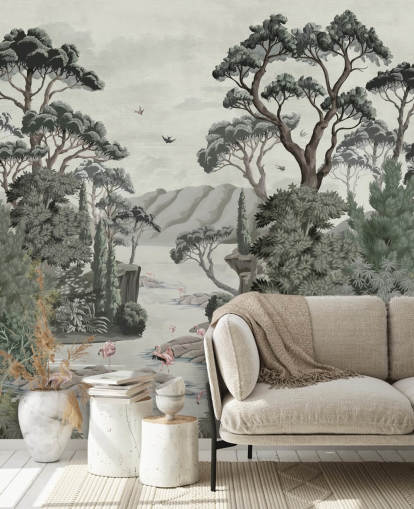 Poster mural The Passage - Arbres illustratifs, rivière et hérons