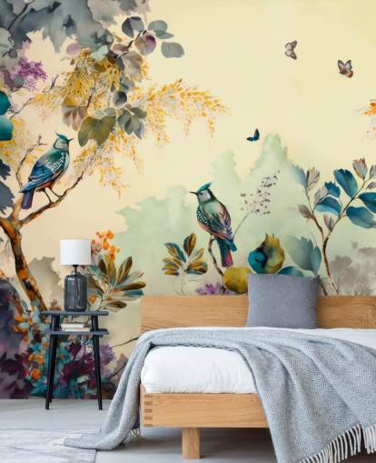 Poster en cadre Oiseaux tropicaux et arbres au coucher du soleil en bleu et sépia