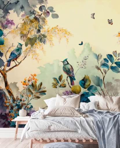 Tropical birds and trees at sunset in blue and sepia wall mural Tropical birds and trees at sunset in blue and sepia wall mural