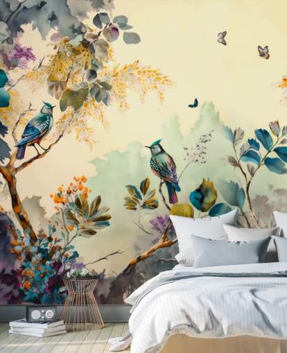 Pássaros e árvores tropicais ao pôr do sol em mural de parede azul e sépia