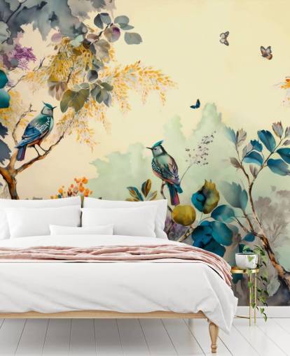 Poster en cadre Oiseaux tropicaux et arbres au coucher du soleil en bleu et sépia Poster en cadre Oiseaux tropicaux et arbres au coucher du soleil en bleu et sépia