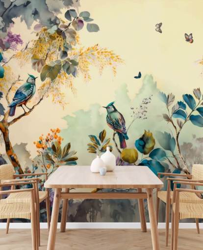 Poster en cadre Oiseaux tropicaux et arbres au coucher du soleil en bleu et sépia