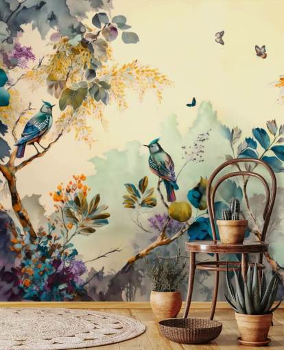 Pássaros e árvores tropicais ao pôr do sol em mural de parede azul e sépia