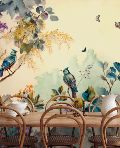 Tropical birds and trees at sunset in blue and sepia wall mural