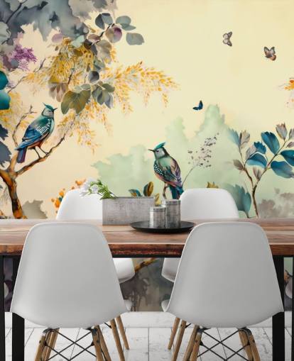 Tropical birds and trees at sunset in blue and sepia wall mural