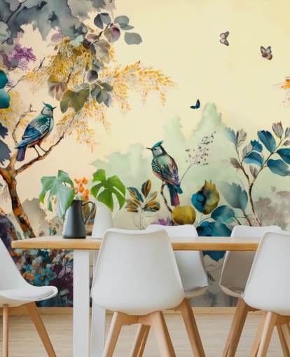 Mural de pared de pájaros y árboles tropicales al atardecer en azul y sepia