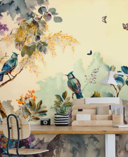 Tropical birds and trees at sunset in blue and sepia wall mural Tropical birds and trees at sunset in blue and sepia wall mural