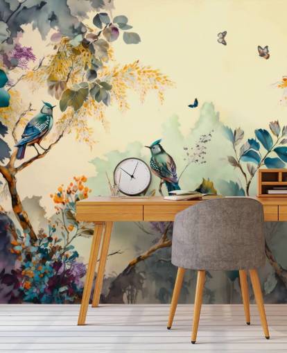 Tropical birds and trees at sunset in blue and sepia wall mural