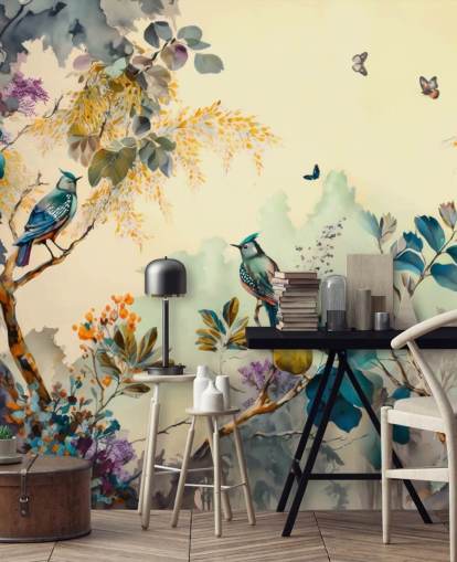 Tropical birds and trees at sunset in blue and sepia wall mural