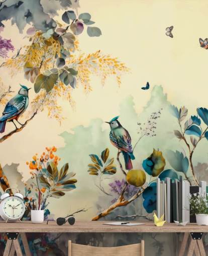 Tropical birds and trees at sunset in blue and sepia wall mural