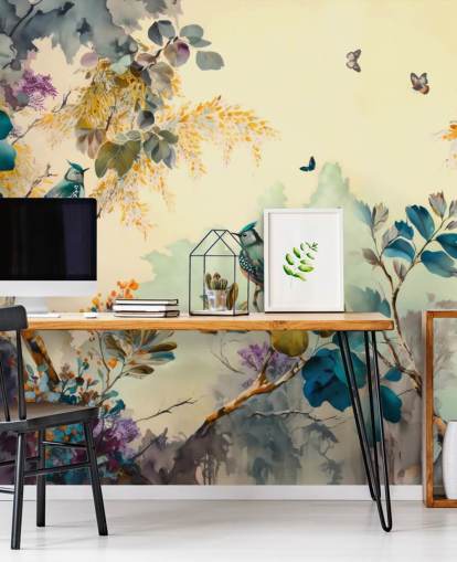 Tropical birds and trees at sunset in blue and sepia wall mural
