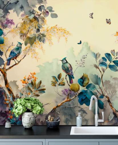 Pássaros e árvores tropicais ao pôr do sol em mural de parede azul e sépia