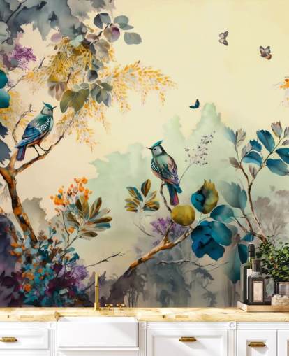 Pássaros e árvores tropicais ao pôr do sol em mural de parede azul e sépia