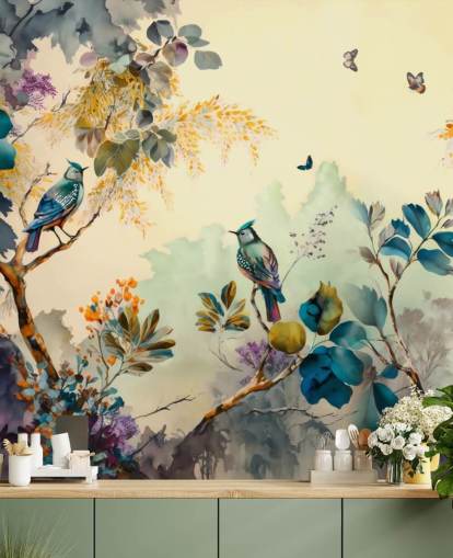 Tropical birds and trees at sunset in blue and sepia wall mural