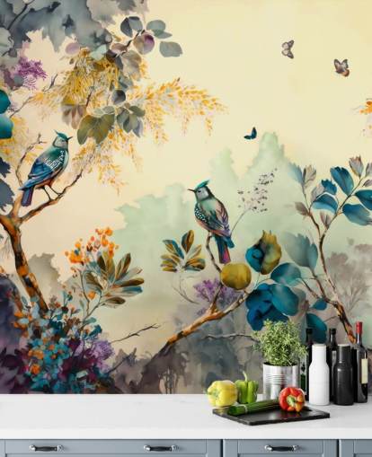 Poster en cadre Oiseaux tropicaux et arbres au coucher du soleil en bleu et sépia