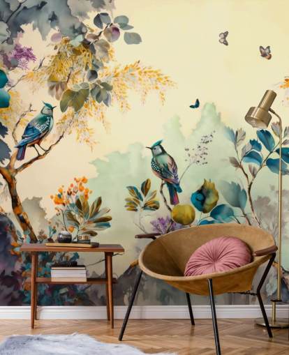 Tropical birds and trees at sunset in blue and sepia wall mural
