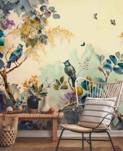 Mural de pared de pájaros y árboles tropicales al atardecer en azul y sepia