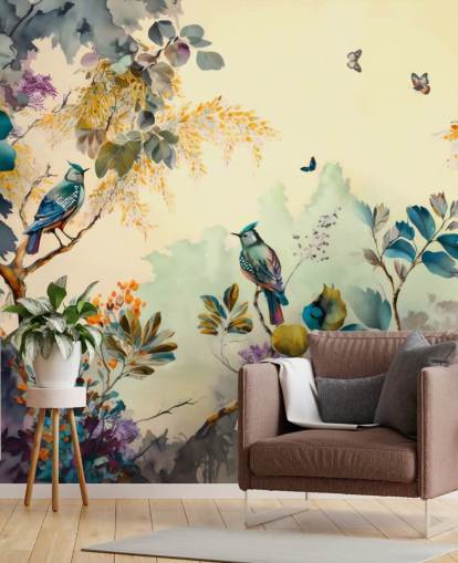 Pássaros e árvores tropicais ao pôr do sol em mural de parede azul e sépia