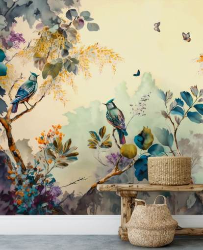 Poster en cadre Oiseaux tropicaux et arbres au coucher du soleil en bleu et sépia