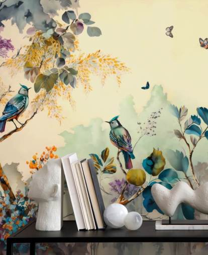 Poster en cadre Oiseaux tropicaux et arbres au coucher du soleil en bleu et sépia