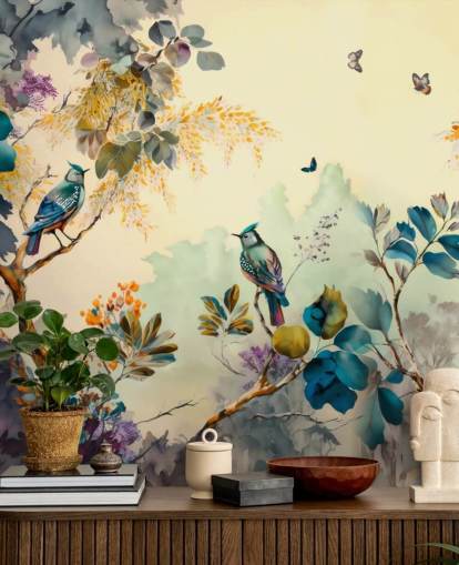Tropical birds and trees at sunset in blue and sepia wall mural