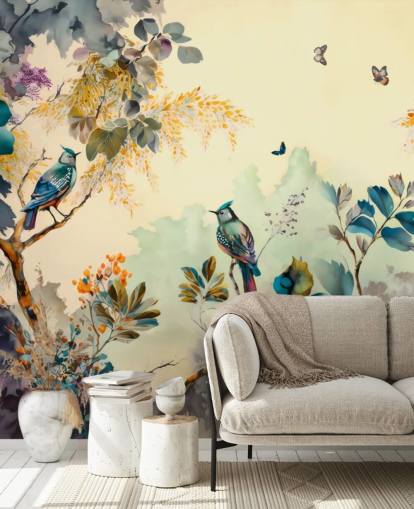 Poster en cadre Oiseaux tropicaux et arbres au coucher du soleil en bleu et sépia Poster en cadre Oiseaux tropicaux et arbres au coucher du soleil en bleu et sépia