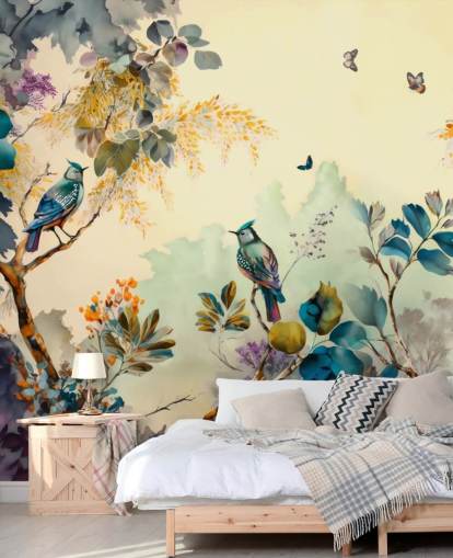 Poster en cadre Oiseaux tropicaux et arbres au coucher du soleil en bleu et sépia