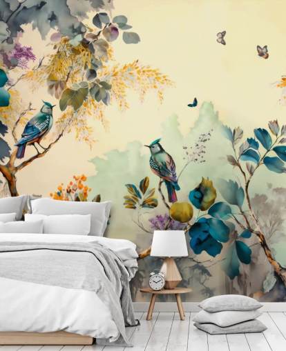 Poster en cadre Oiseaux tropicaux et arbres au coucher du soleil en bleu et sépia