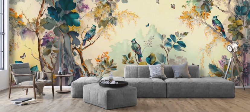 Tropical birds and trees at sunset in blue and sepia wall mural