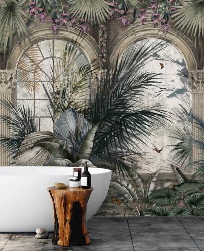 Arched windows and colonnade jungle wallpaper