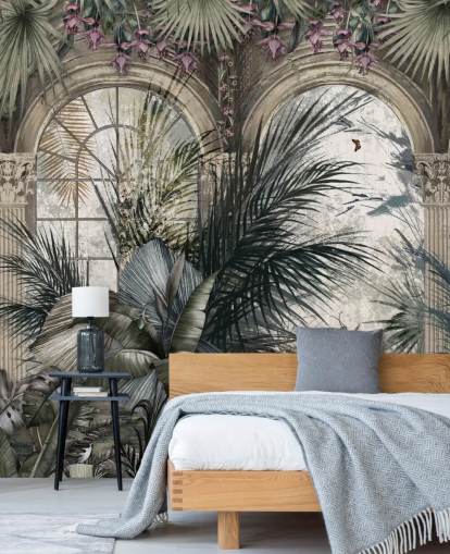 Arched windows and colonnade jungle wallpaper