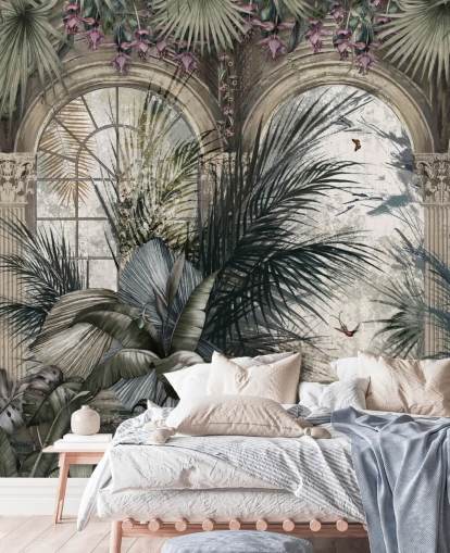 Arched windows and colonnade jungle wallpaper