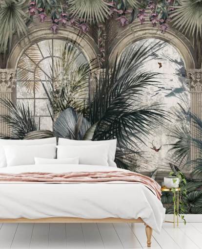 Arched windows and colonnade jungle wallpaper