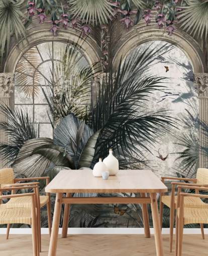 Ventanas arqueadas y columnatas, papel pintado de jungla