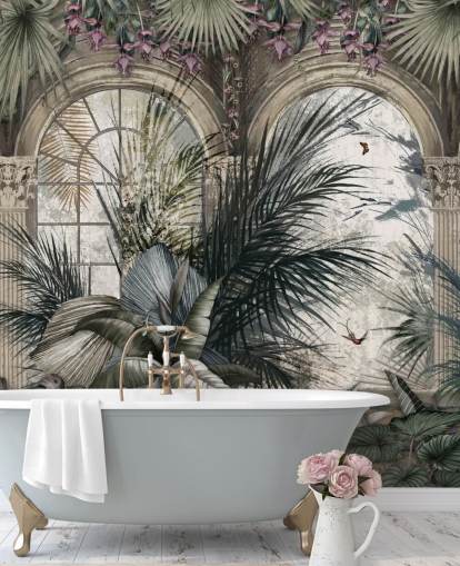 Arched windows and colonnade jungle wallpaper