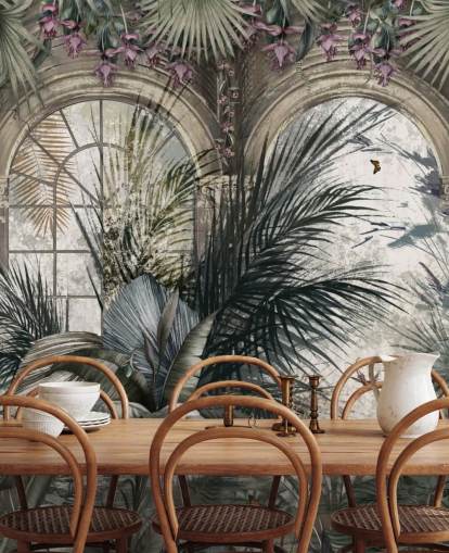 Arched windows and colonnade jungle wallpaper