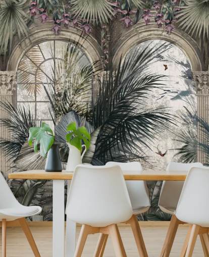 Boogramen en junglebehang met zuilengalerijen