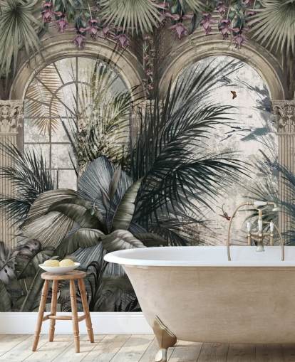 Arched windows and colonnade jungle wallpaper