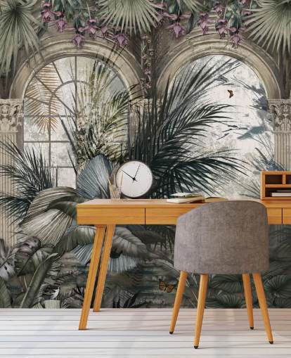 Arched windows and colonnade jungle wallpaper